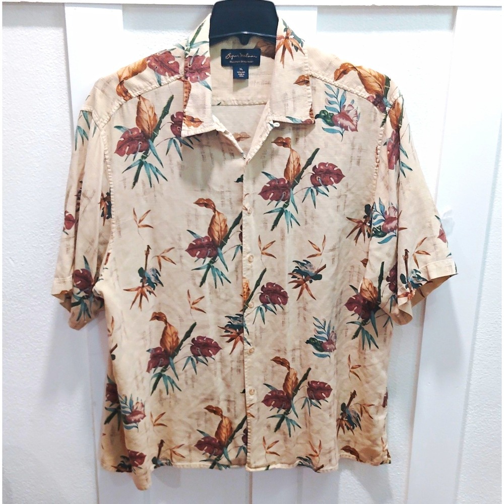 Byron Nelson Eleven Straight Men's XL 100 Silk Woven Tropical Floral Button-Up